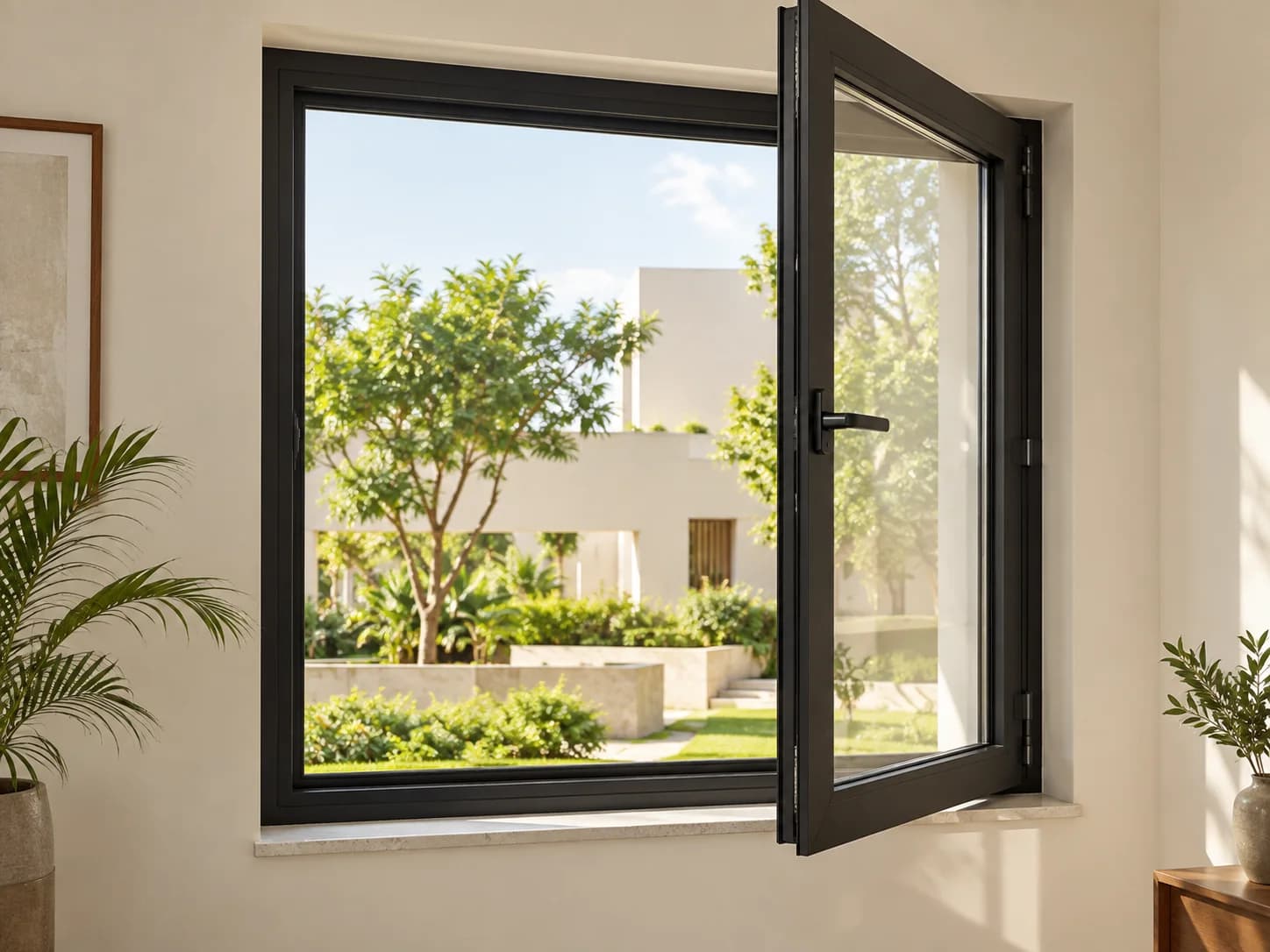 A black uPVC casement window with its side-hinged sash opened inward