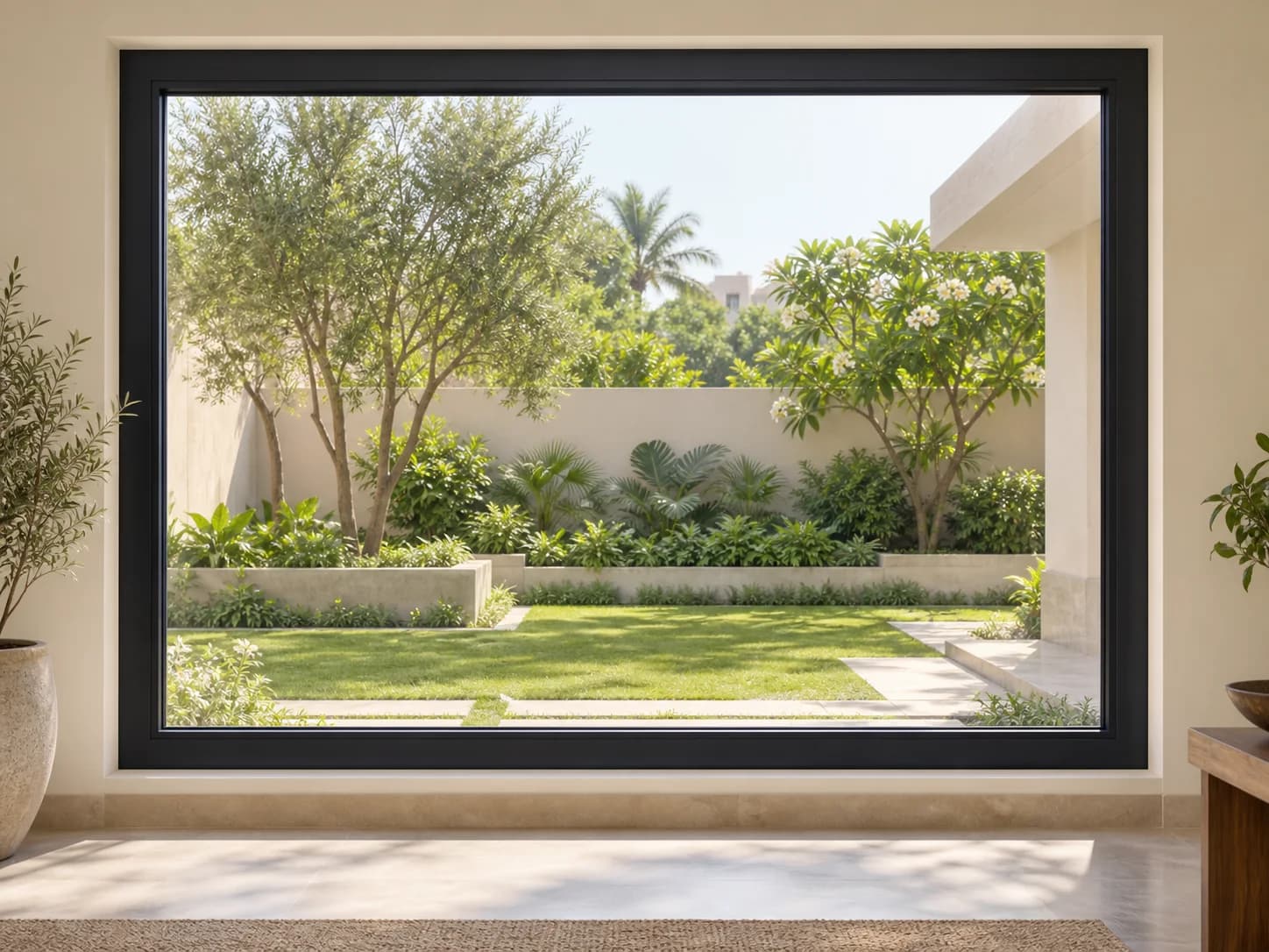 A large fixed black uPVC picture window with one uninterrupted pane and no opening hardware