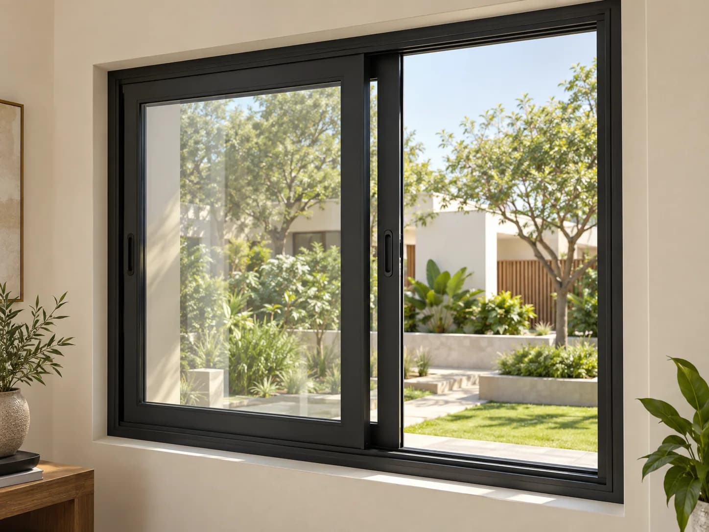 A black two-track uPVC sliding window with one sash moved halfway open
