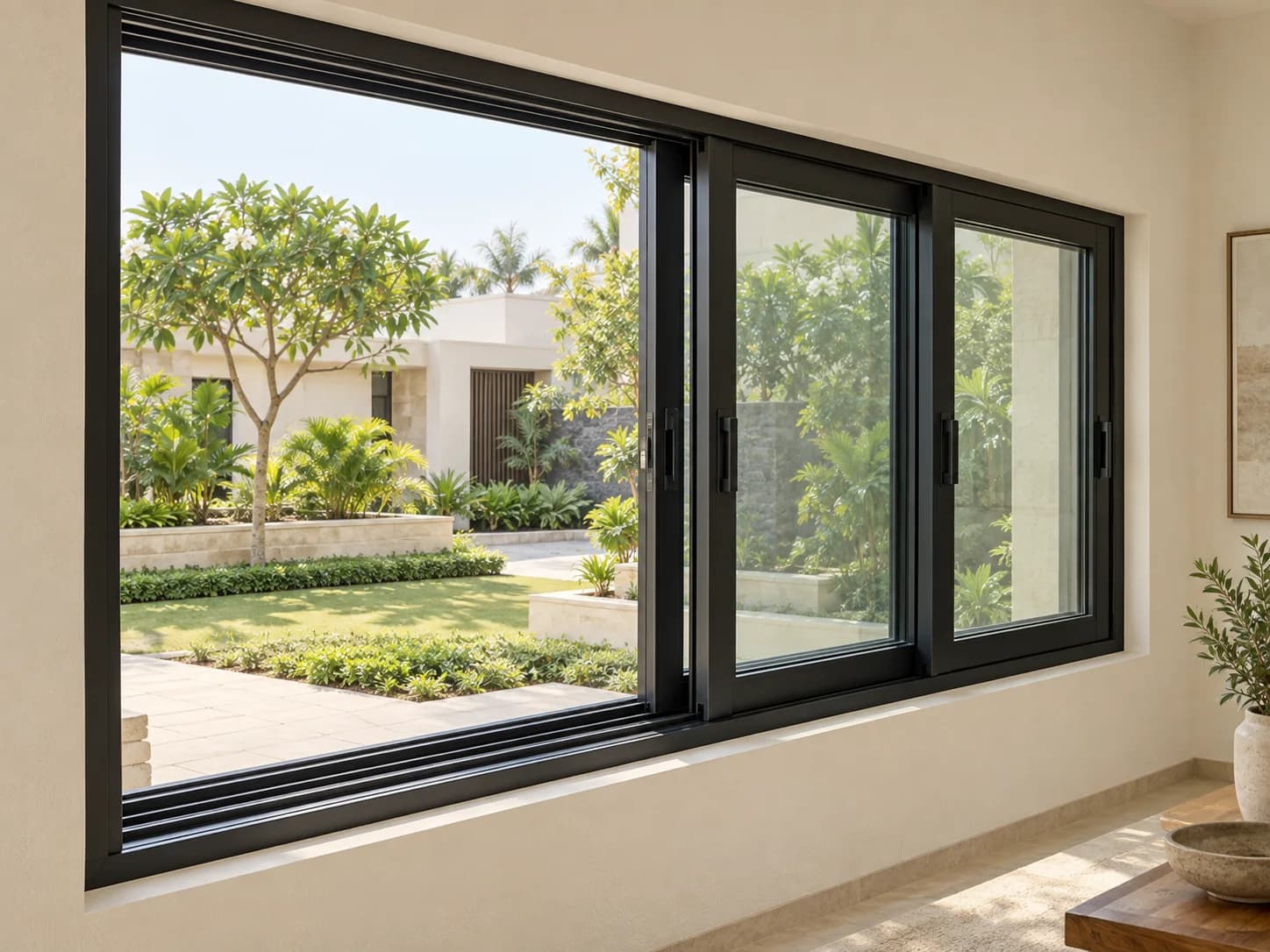 A wide black three-track uPVC window with three staggered sliding panels