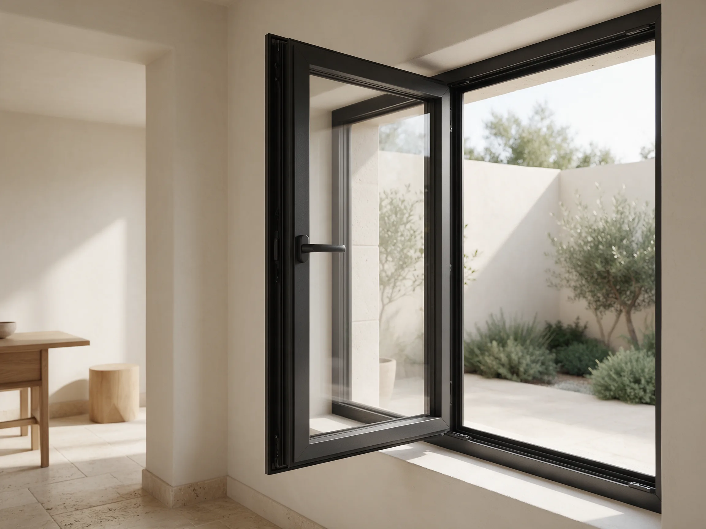 An open black uPVC casement window in a light interior