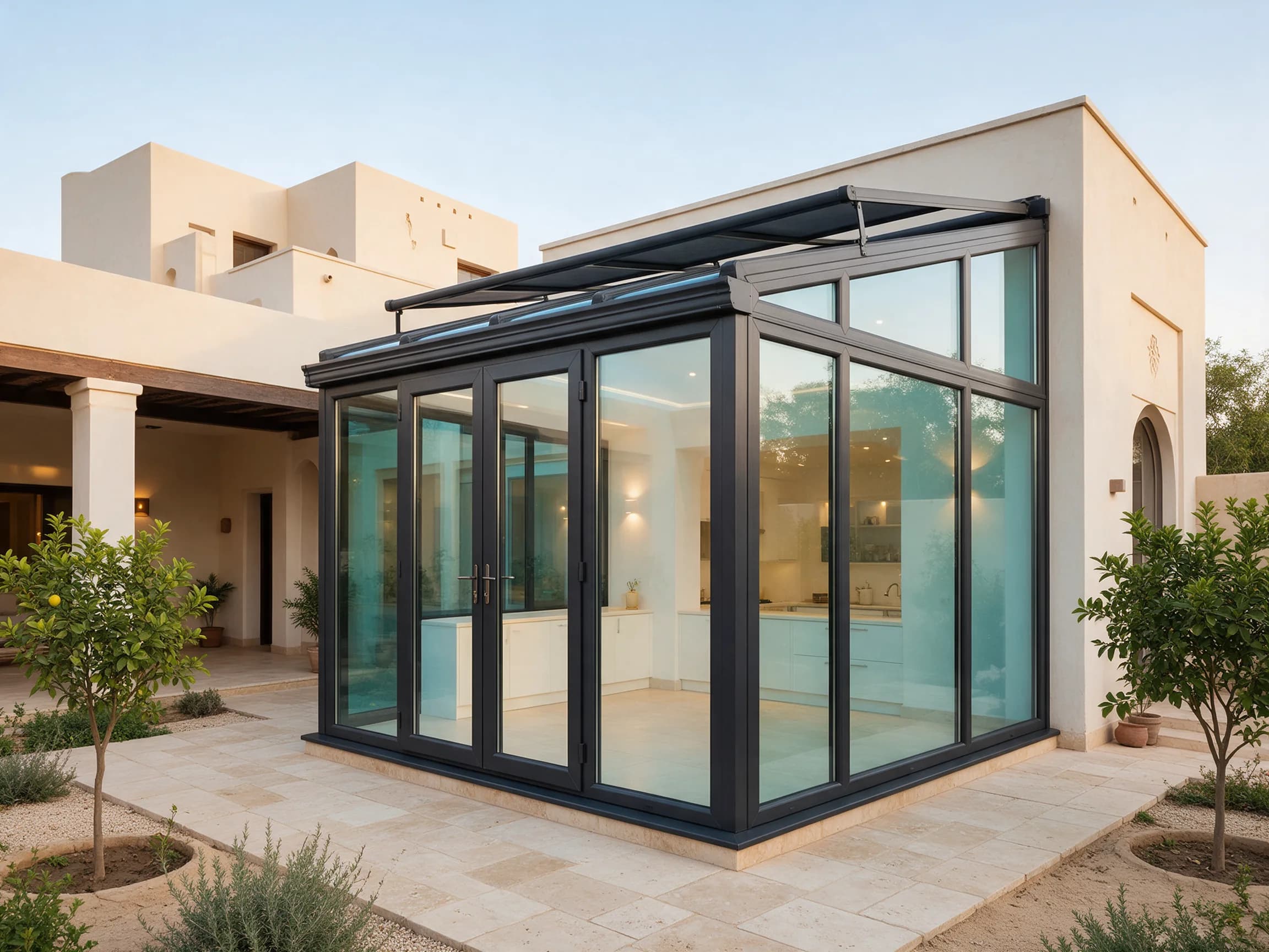 A black-framed glass conservatory attached to a warm ivory home