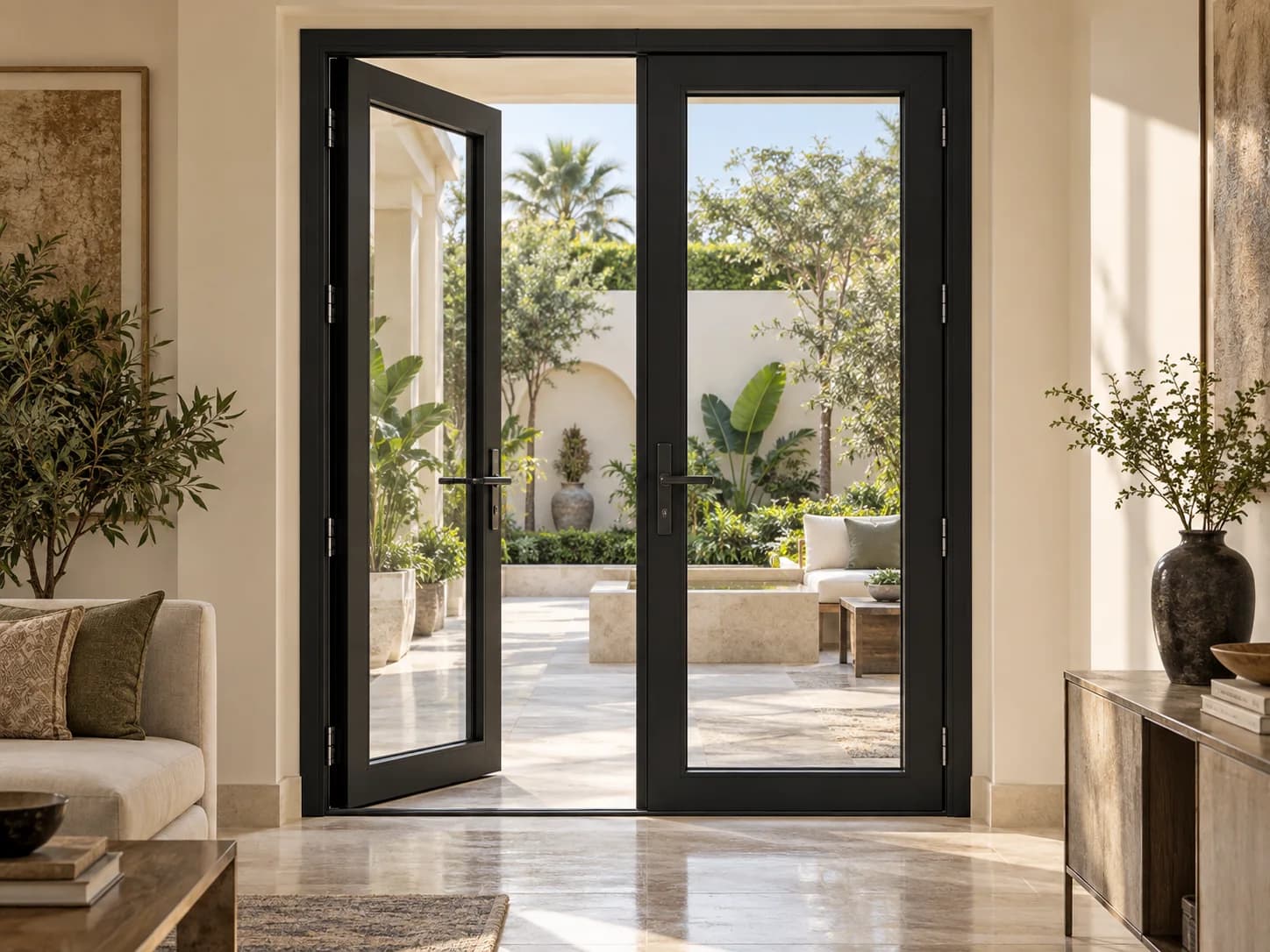 A black double-leaf uPVC casement door with one hinged leaf opened inward