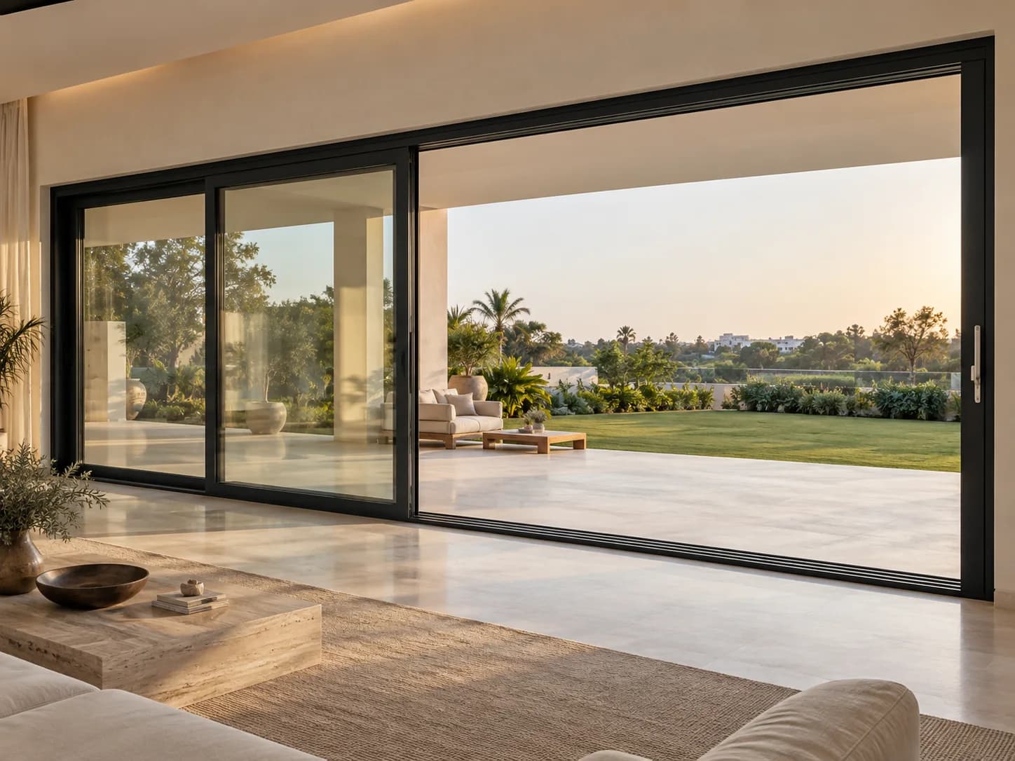 A wide black uPVC lift-and-slide door opening a living room to a landscaped lawn