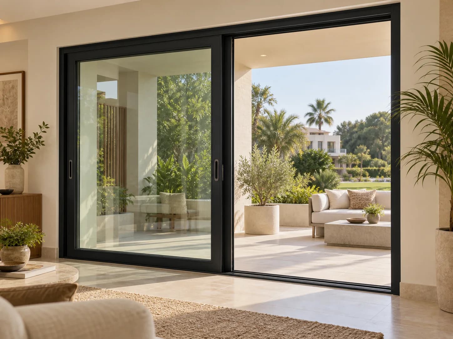 A two-panel black uPVC sliding patio door with one panel moved halfway open