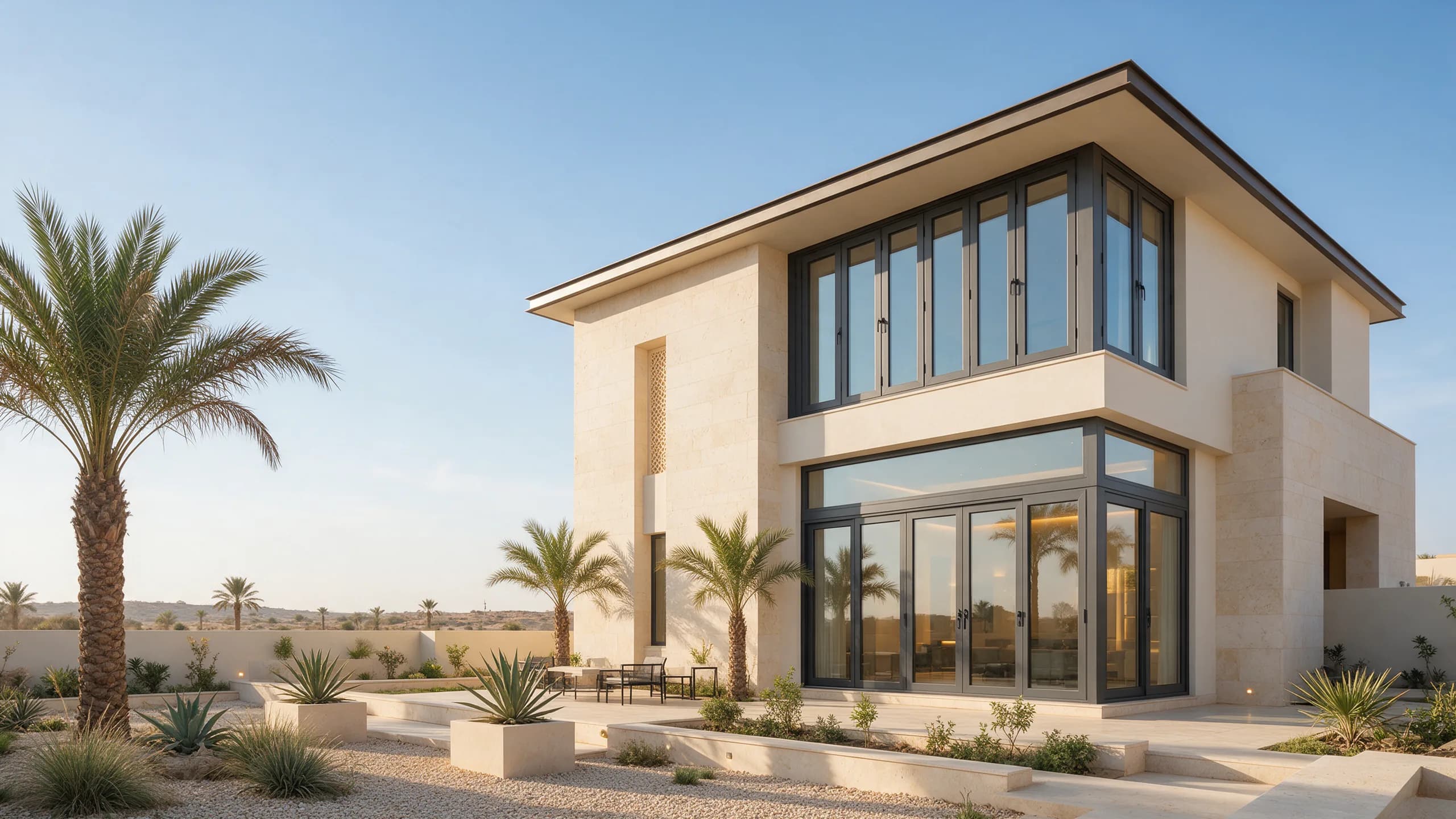 A contemporary residence fitted with black uPVC windows and sliding doors
