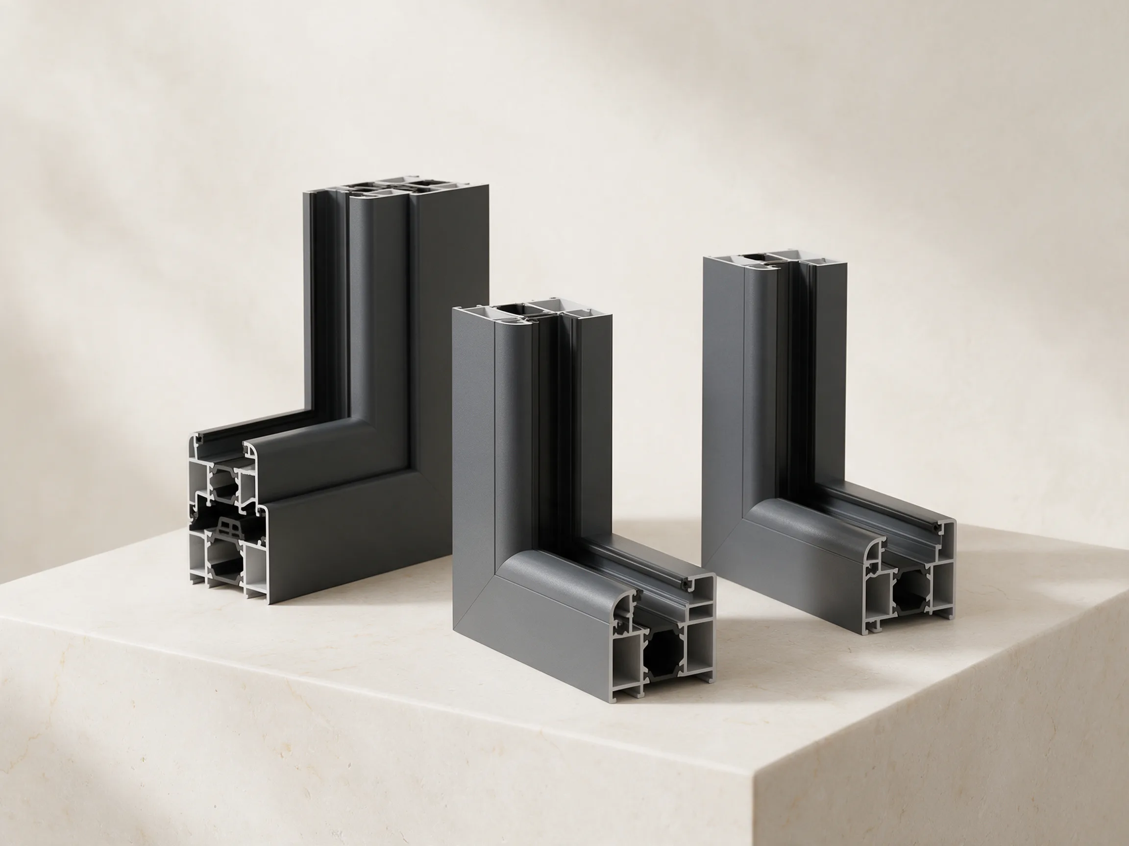 Three uPVC profile systems with different frame depths and chamber structures