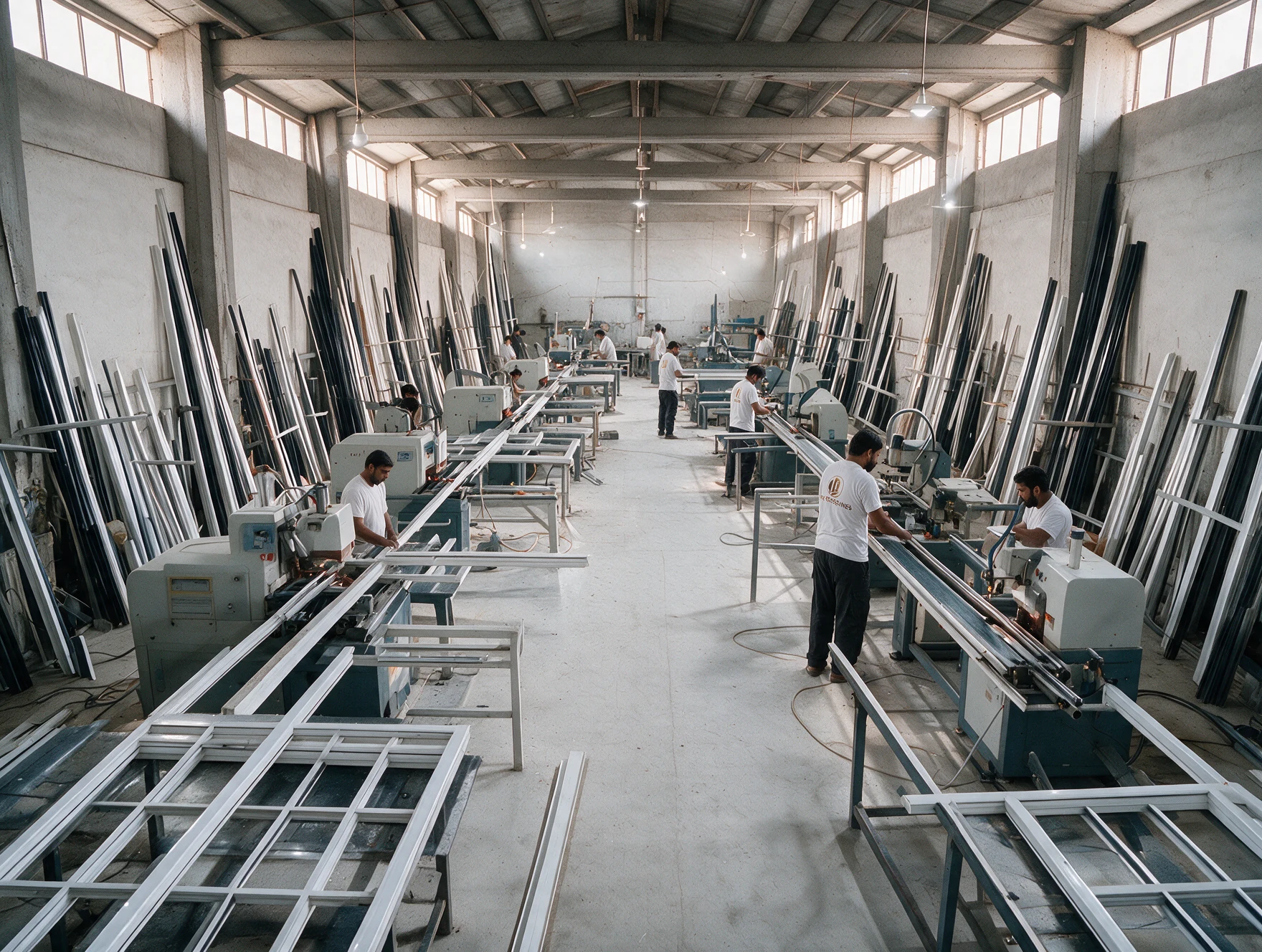 Wide view across an organised uPVC window manufacturing floor