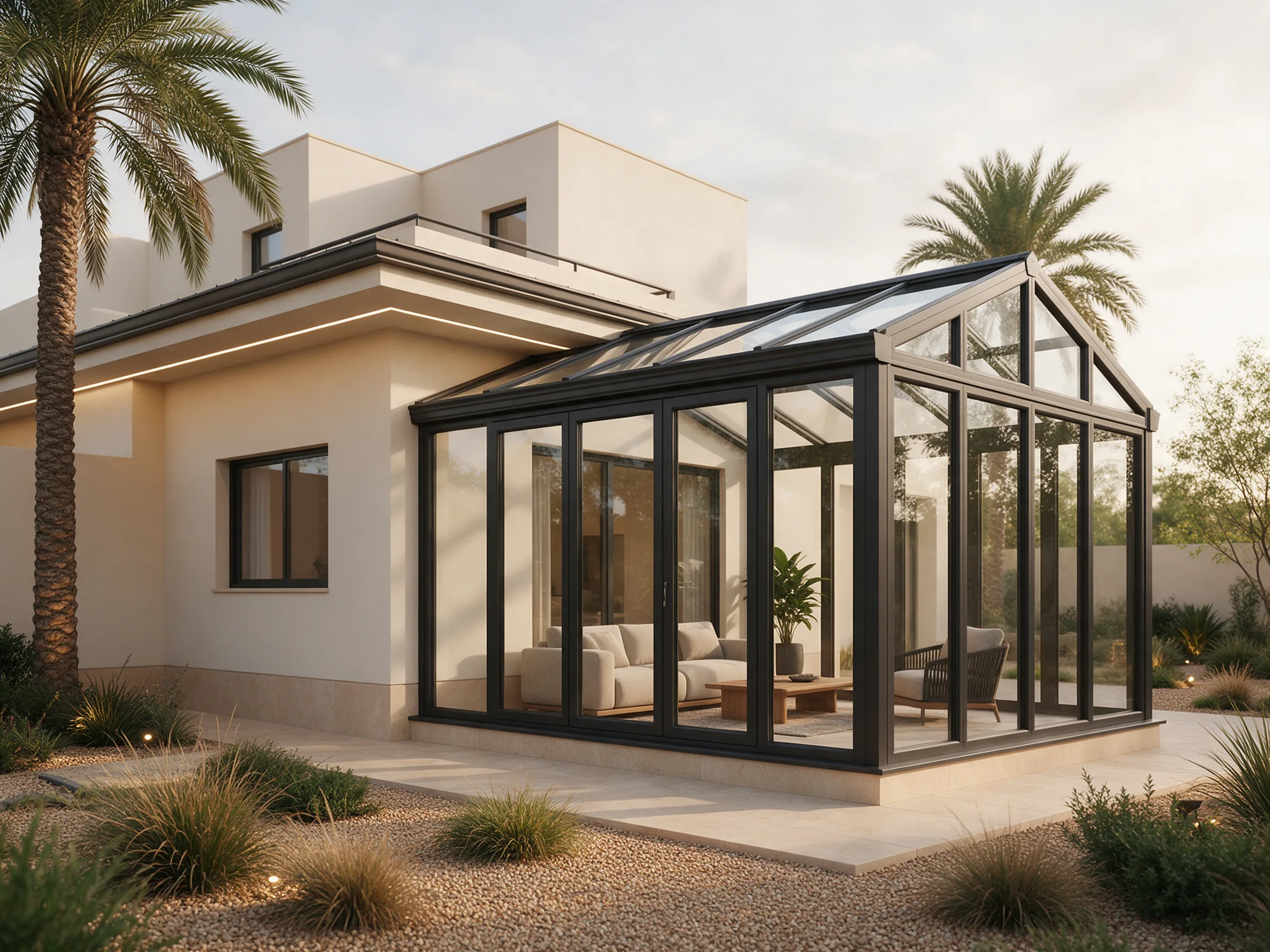 A black-framed uPVC conservatory attached to a warm ivory home