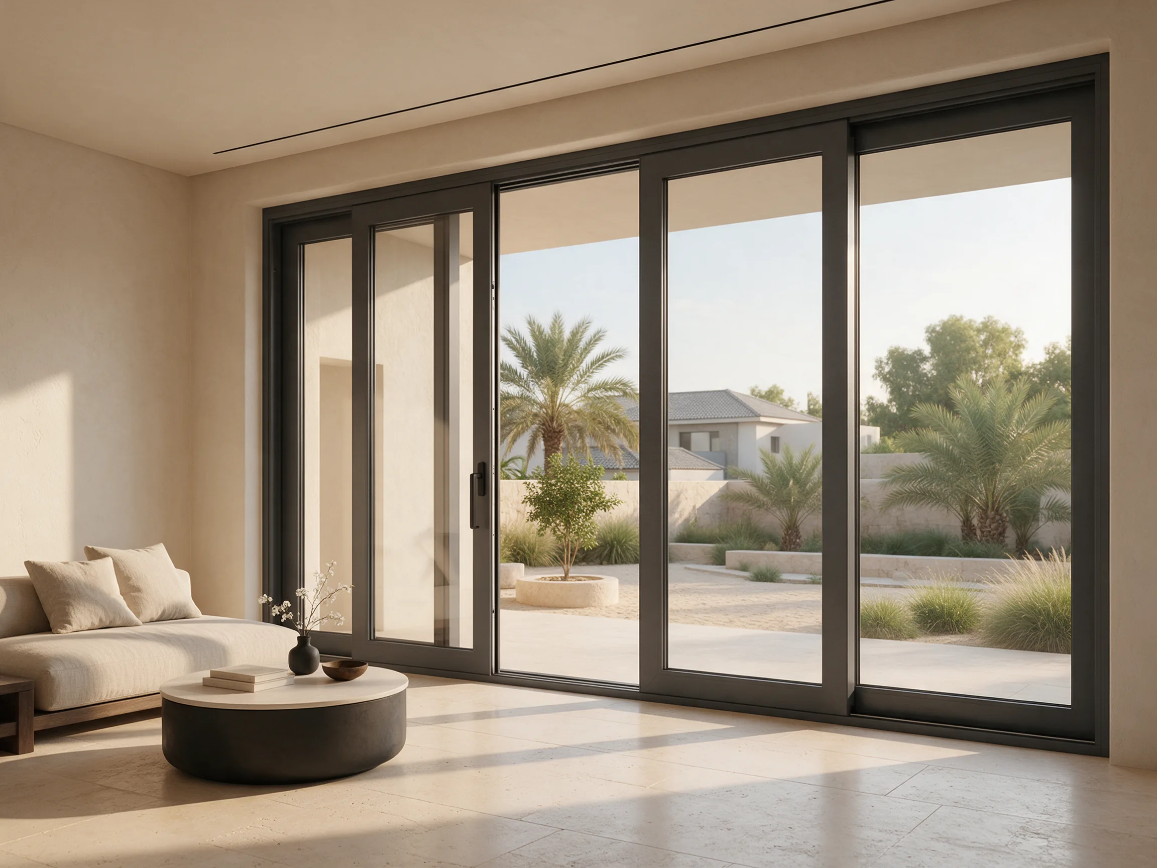 A wide black uPVC lift-and-slide door connecting a refined living room to a courtyard