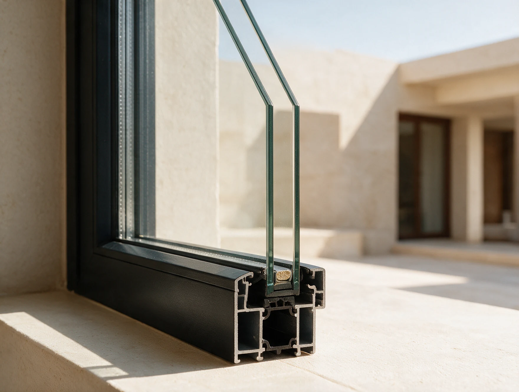 Cutaway close-up of two glass panes and their sealed spacer inside a black uPVC frame