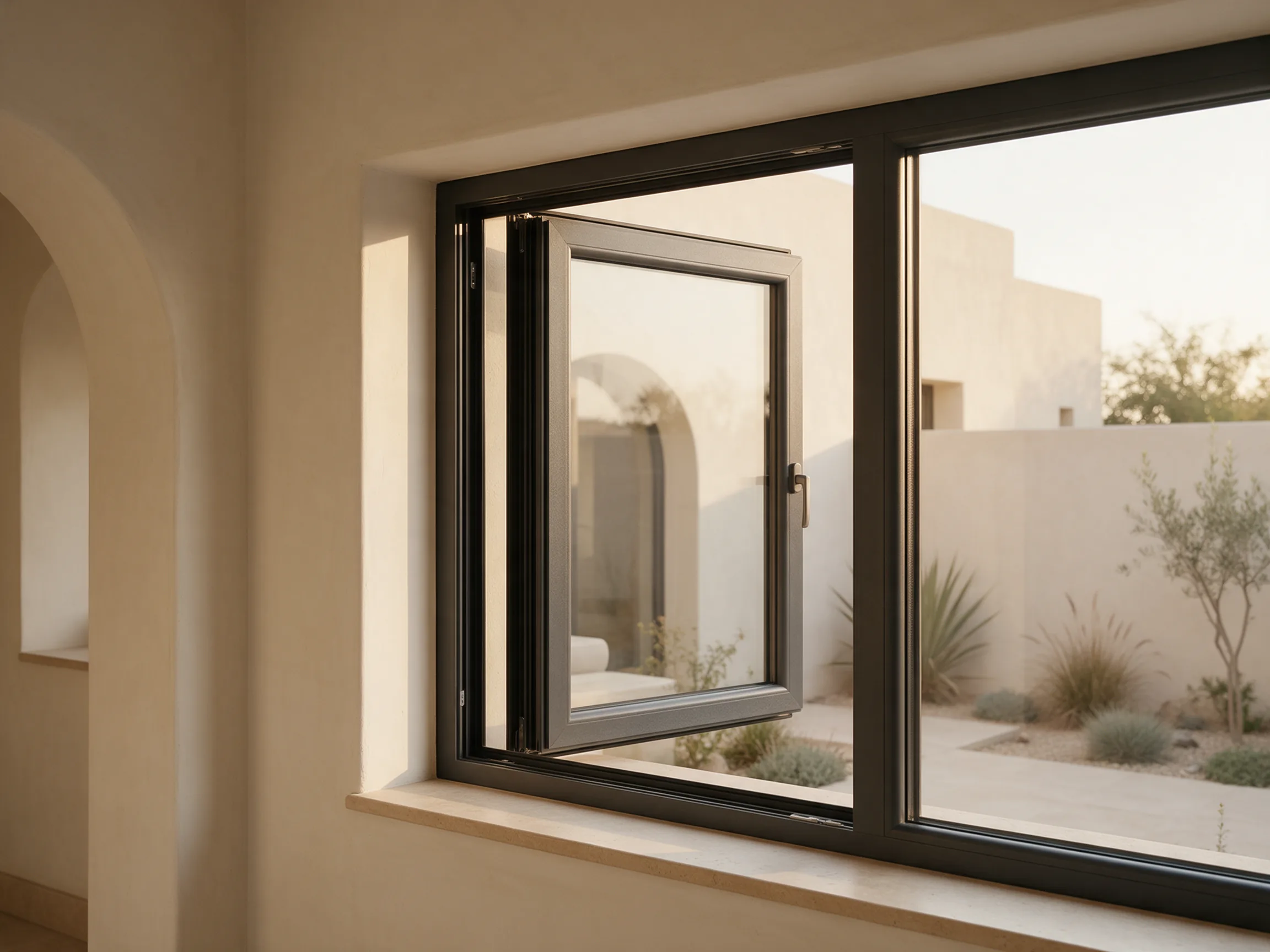 A black uPVC casement window opening onto a warm, landscaped courtyard