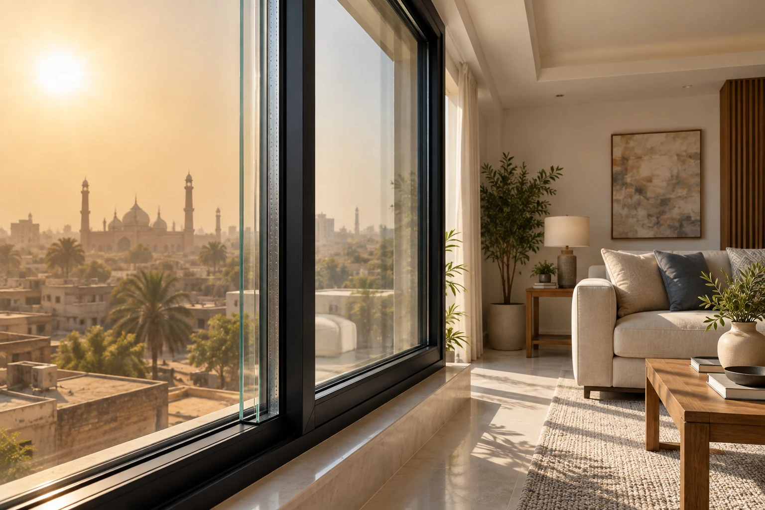 A black double-glazed uPVC window separating a sunlit Pakistani cityscape from a calm interior