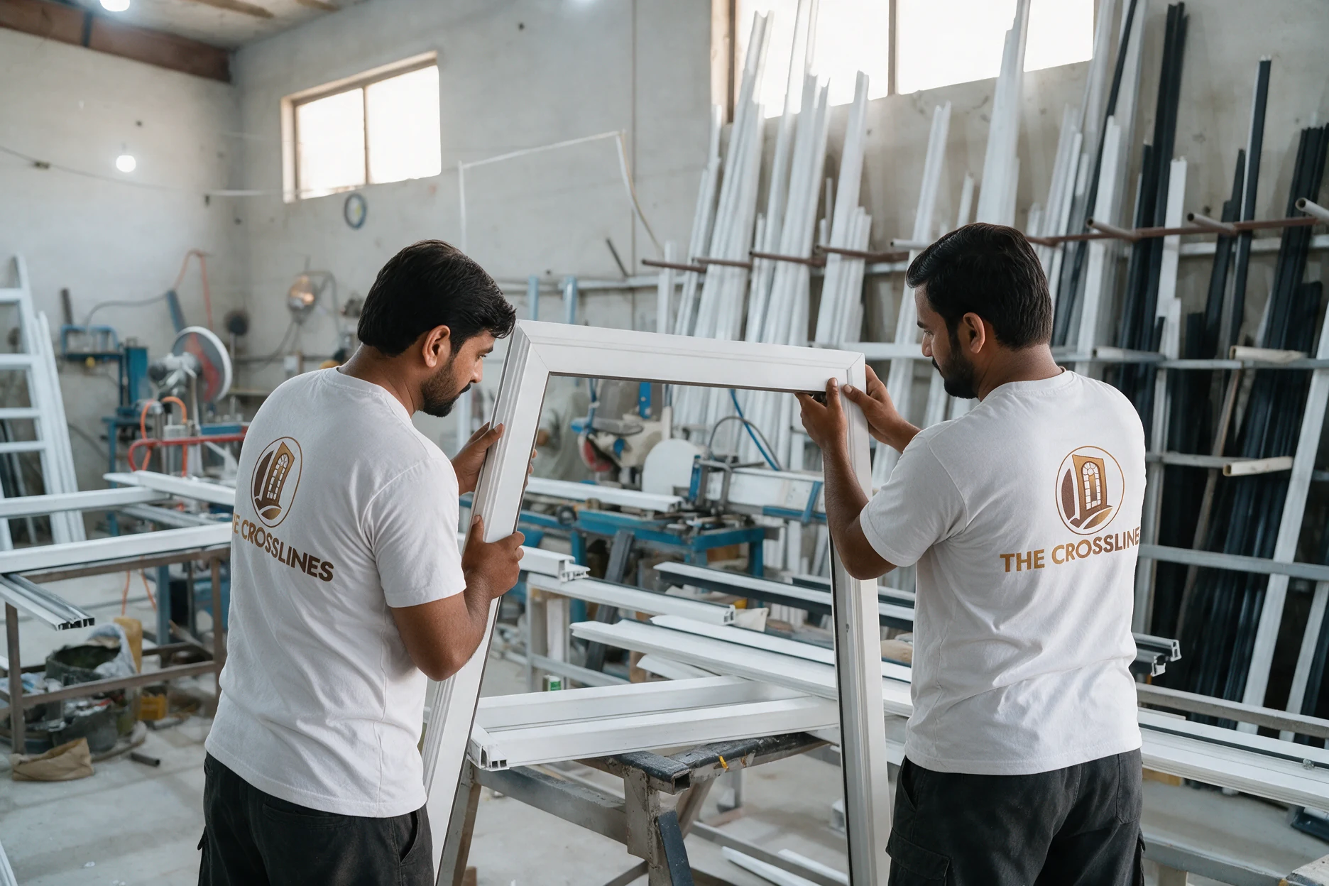 Technicians assembling a uPVC window frame in a workshop